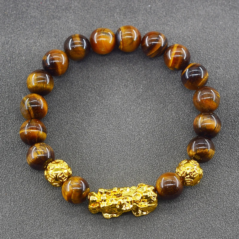 Pixiu Bracelet Feng Shui Wealth and Good Luck Bracelet Homme Wristband Gold Color Obisidian Stone Beads Black Six Character Gift
