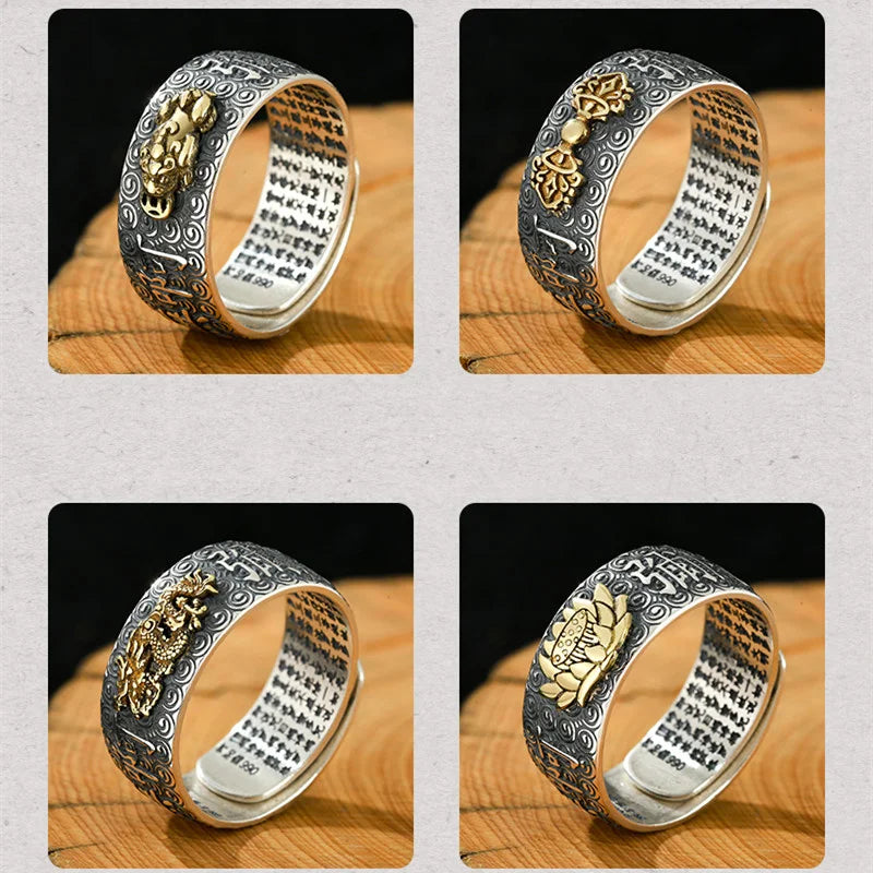 Namo Amitabha Lotus Ring For Men Jewelry Retro Dragon Buddha Buddhist Heart Sutra Ring Male Index Finger Accessories Open Size