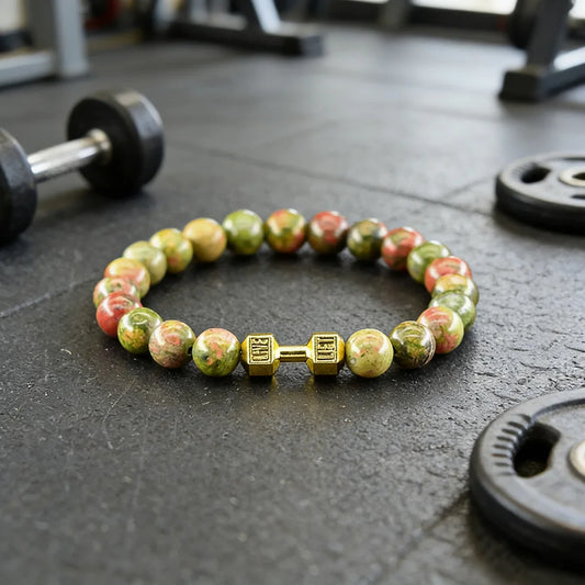 Dumbbell Barbell Shape Pendant Men's Fitness Bracelet Natural Unakite Stone Beads Bangle for Men Gym Strengthen the Muscle Gift