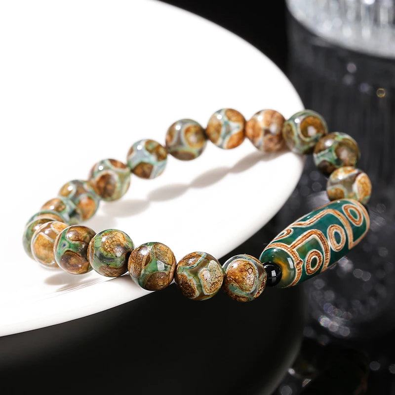 Natural Green Nine Eyes Tibetan Dzi Agate Barrel Beads Bracelet Women Men Retro Healing Buddha Prayer Charm Yoga Jewelry Gift