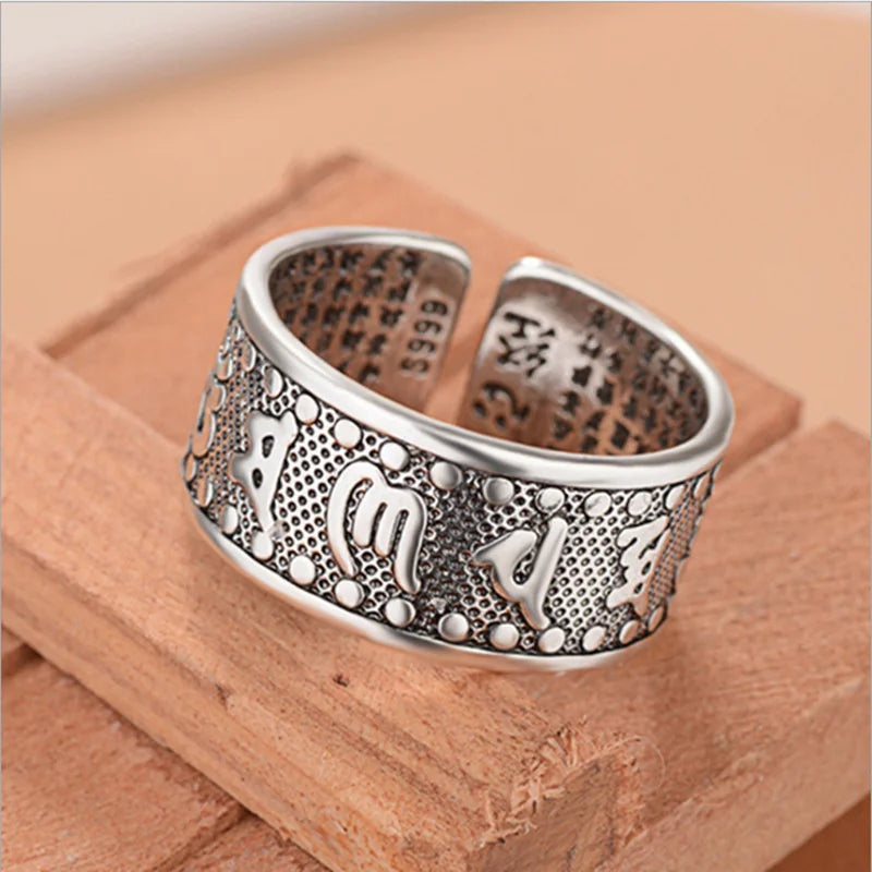 Retro Buddhism Heart Sutra Ring for Men Jewelry Wide Open Ring Male Buddha Mantra Iscripture Index Finger Accessories