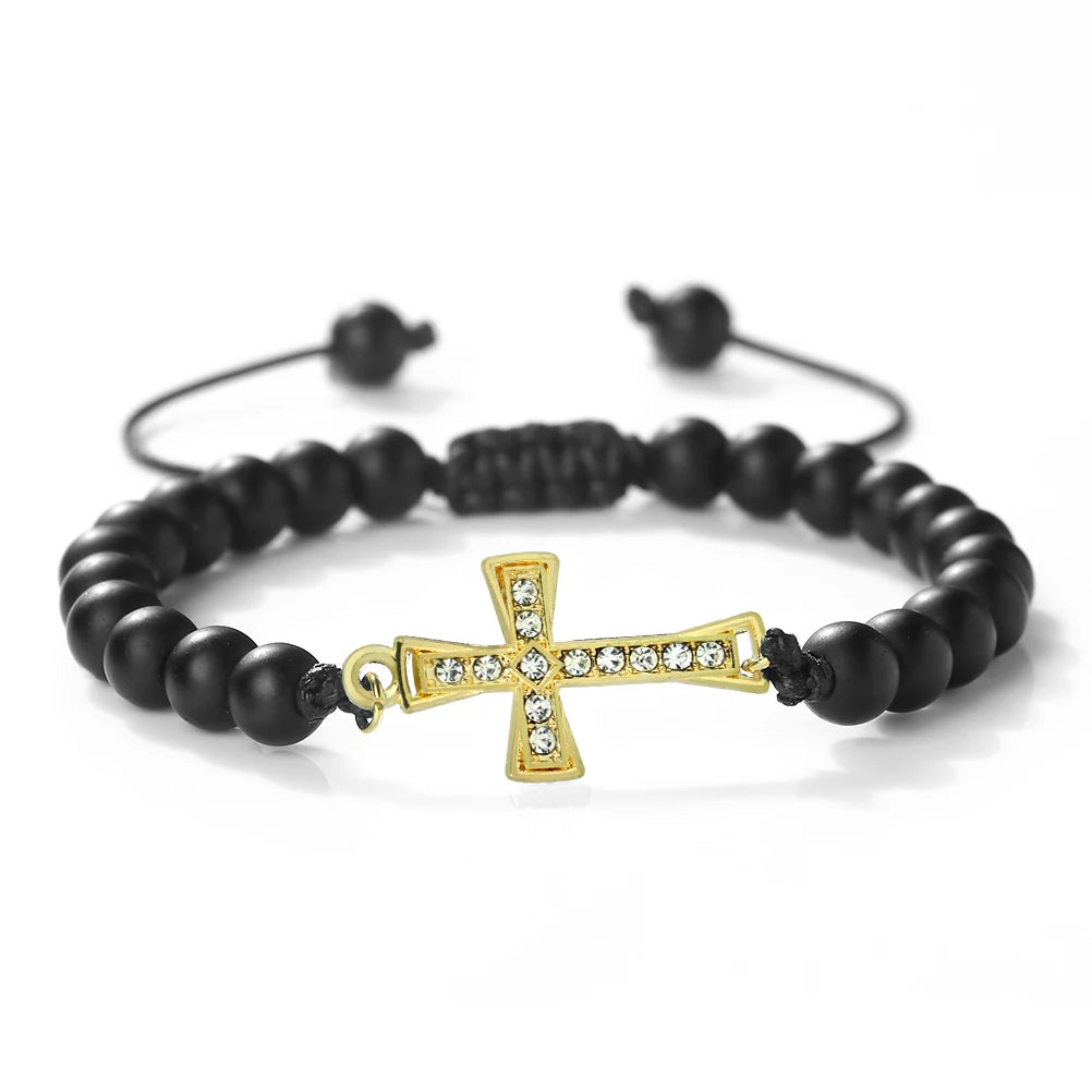 New Charm Jesus Cross Pendant Braided Bracelet 6mm Black Matte Malachite Couple Bracelet Women Men Healing Jewelry Gift