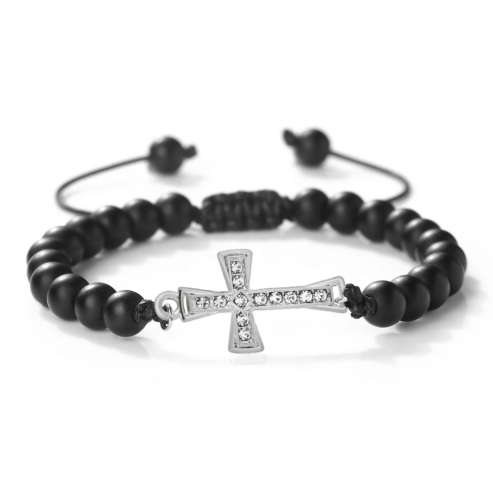 New Charm Jesus Cross Pendant Braided Bracelet 6mm Black Matte Malachite Couple Bracelet Women Men Healing Jewelry Gift