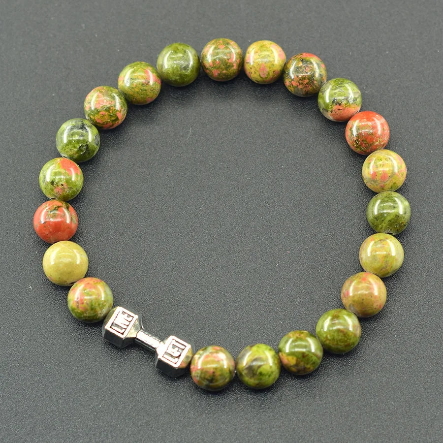 Natural Volcanic Stone Bracelet Men Matte Black Lava Obsidian Beads Charm Dumbbell Strand Bracelet Women Barbell Fitness Jewelry