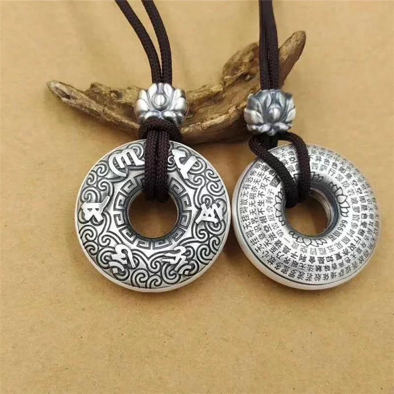 Silver Retro Lotus Buddha Sutra Six-character Mantra Pendant Necklace For Men Women Jewelry Ethnic Black Rope Male Necklace Amulet Gift
