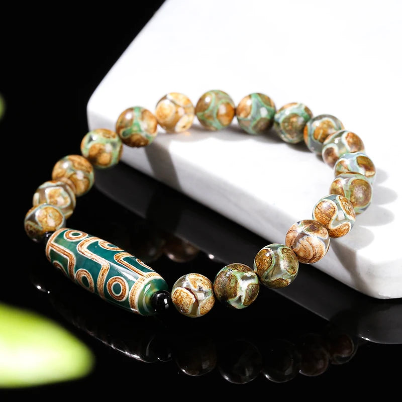 Natural Green Nine Eyes Tibetan Dzi Agate Barrel Beads Bracelet Women Men Retro Healing Buddha Prayer Charm Yoga Jewelry Gift