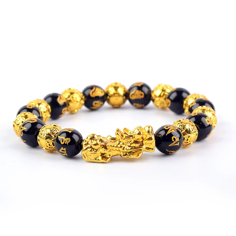 Feng Shui Obsidian Stone Beads Bracelet Men Women Wristband Gold Color Wealth and Good Luck Six Character Proverbs Bracelet