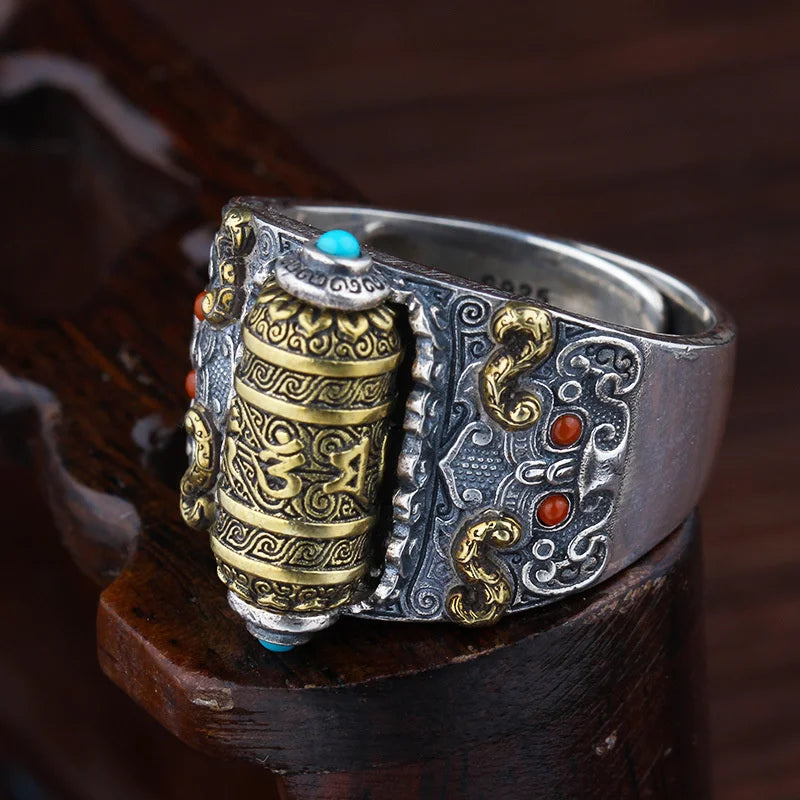 Retro Buddhist Scripture Ring Can Be Rotatable For Men Jewelry Personality Silver 925 Ring Adjustable Male Index Finger Bijou