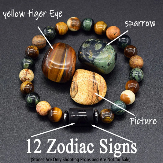 12 Zodiac Constellation Signs Bracelets for Men Women Real Natural Tiger Eye Sparrow Picture Stone Bead Bracelet Leo Taurus Gift