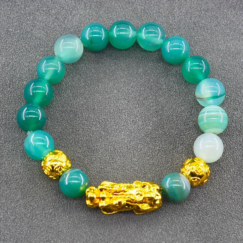 Pixiu Bracelet Feng Shui Wealth and Good Luck Bracelet Homme Wristband Gold Color Obisidian Stone Beads Black Six Character Gift