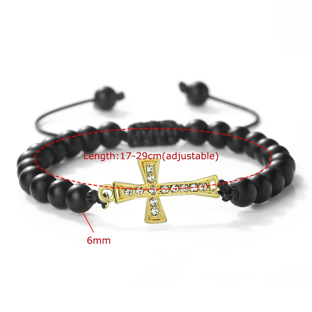 New Charm Jesus Cross Pendant Braided Bracelet 6mm Black Matte Malachite Couple Bracelet Women Men Healing Jewelry Gift
