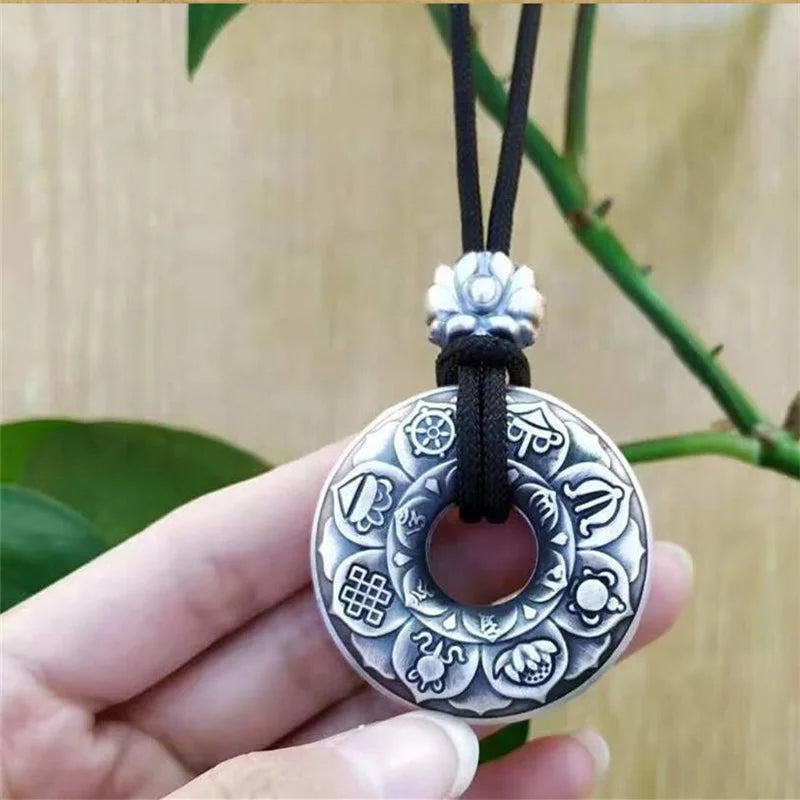 Silver Retro Lotus Buddha Sutra Six-character Mantra Pendant Necklace For Men Women Jewelry Ethnic Black Rope Male Necklace Amulet Gift