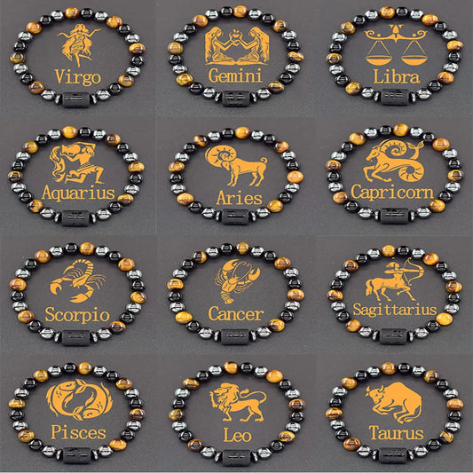 12 Zodiac Signs Bracelet Homme 12 Constellation Yellow Tiger Eye Wealth and Money Jewelry for Women Bracelet Friendship Gift