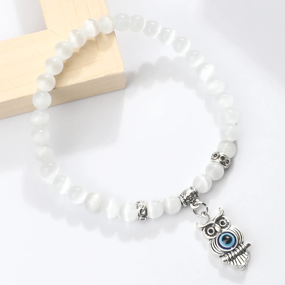 New Charm 6MM White Cat Eye Beaded Bracelet Turkish Evil Eye Butterfly Owl Turtle Pendant Bangles Chain Jewelry Gift for Friend