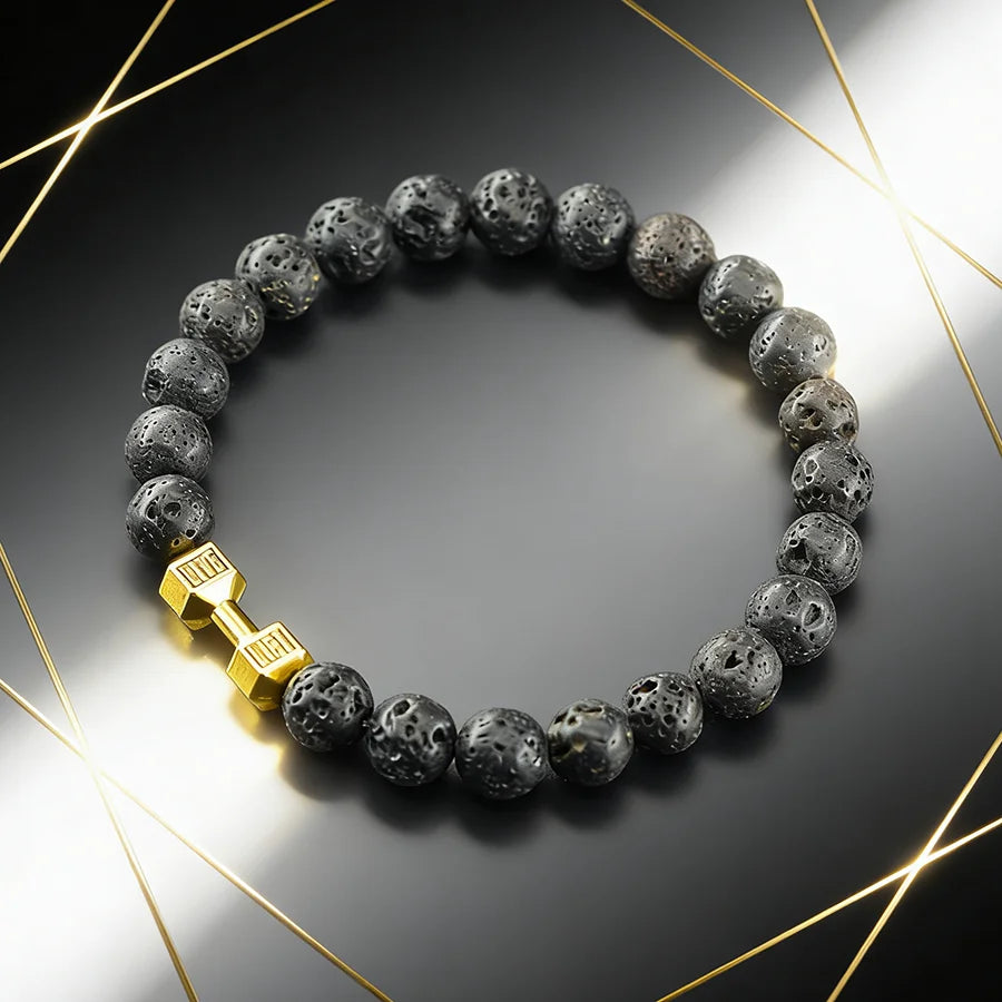 Natural Volcanic Stone Bracelet Men Matte Black Lava Obsidian Beads Charm Dumbbell Strand Bracelet Women Barbell Fitness Jewelry