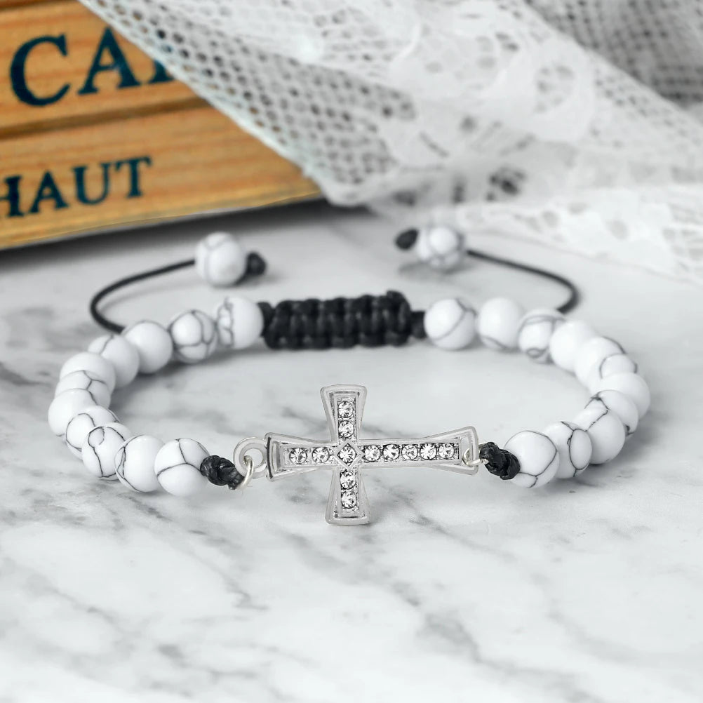 New Charm Jesus Cross Pendant Braided Bracelet 6mm Black Matte Malachite Couple Bracelet Women Men Healing Jewelry Gift