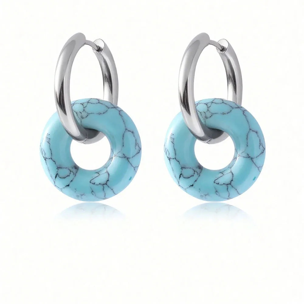 1pair Natural Stone Donut Shaped Stainless Steel Hoop Earrings Ladies Fashion Pink Crystal Agate Malachite Round Women Earrings