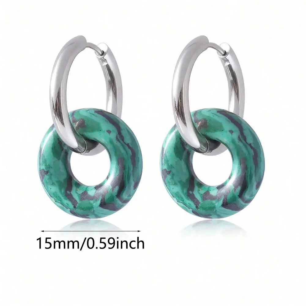 1pair Natural Stone Donut Shaped Stainless Steel Hoop Earrings Ladies Fashion Pink Crystal Agate Malachite Round Women Earrings