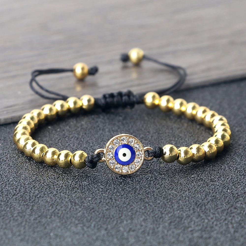 New Turkish Evil Eye Copper Beads Braided Bracelet Women Men Gold Color Healing Yoga Couple Bracelet&Bangles Chain Jewelry Gift