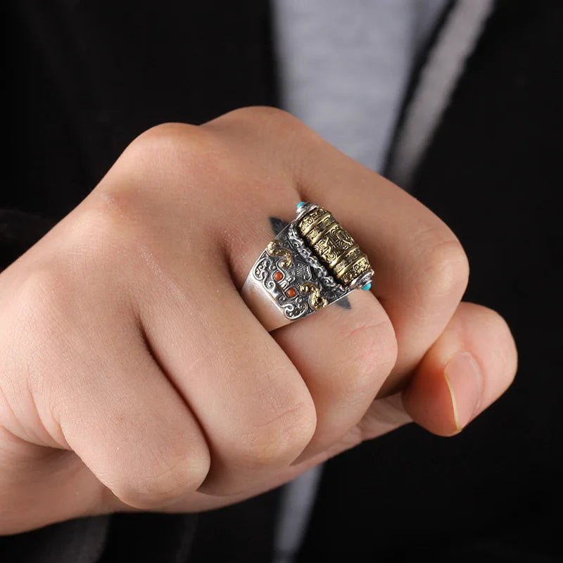 Retro Buddhist Scripture Ring Can Be Rotatable For Men Jewelry Personality Silver 925 Ring Adjustable Male Index Finger Bijou