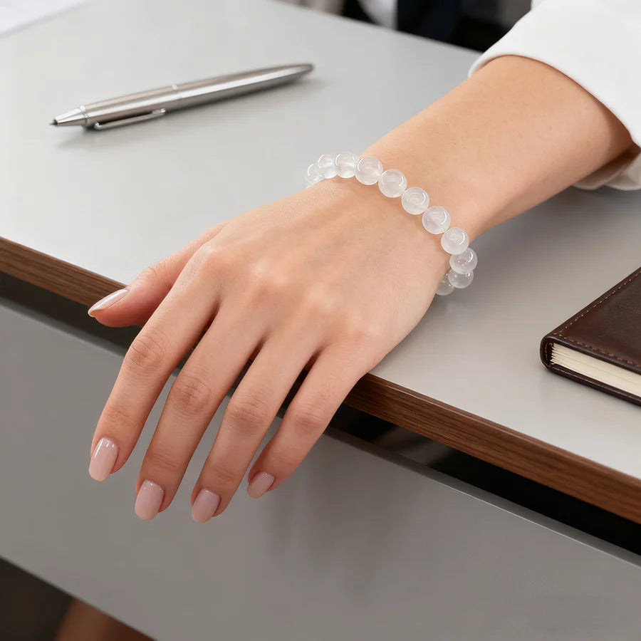 Handmade White Jade Bead Bracelet Premium Grade White Jade Stretch Bracelet Rare Pure Texture Calming Energy Jewelry Lover Gift