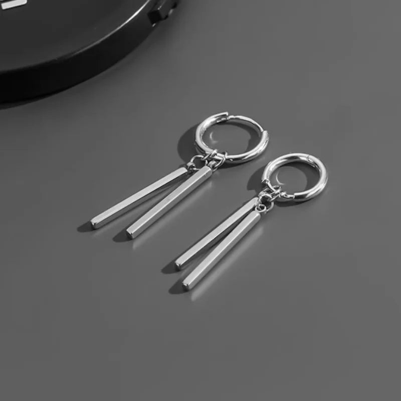 Trendy Men Earrings Minimalist Long Strip Double Stick 925 Sterling Silver Ear Buckle Male Cool Personality Dropping Earrings