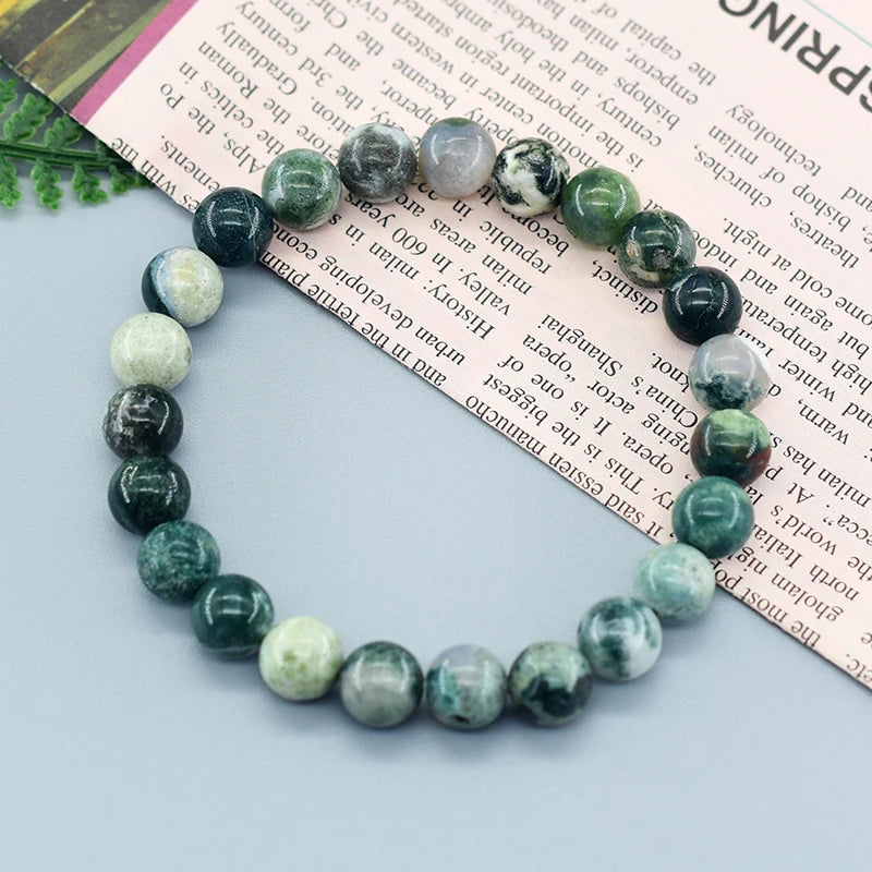 Real Natural Tree Patterned Agate Stone Beaded Bracelet Men Women Natural Lapis Lazuli Moss Agate Jade Energy Healing Jewelry
