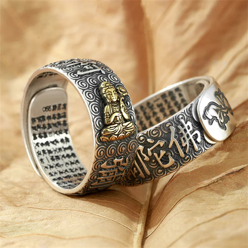 Namo Amitabha Lotus Ring For Men Jewelry Retro Dragon Buddha Buddhist Heart Sutra Ring Male Index Finger Accessories Open Size