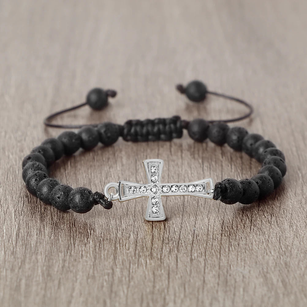 New Charm Jesus Cross Pendant Braided Bracelet 6mm Black Matte Malachite Couple Bracelet Women Men Healing Jewelry Gift