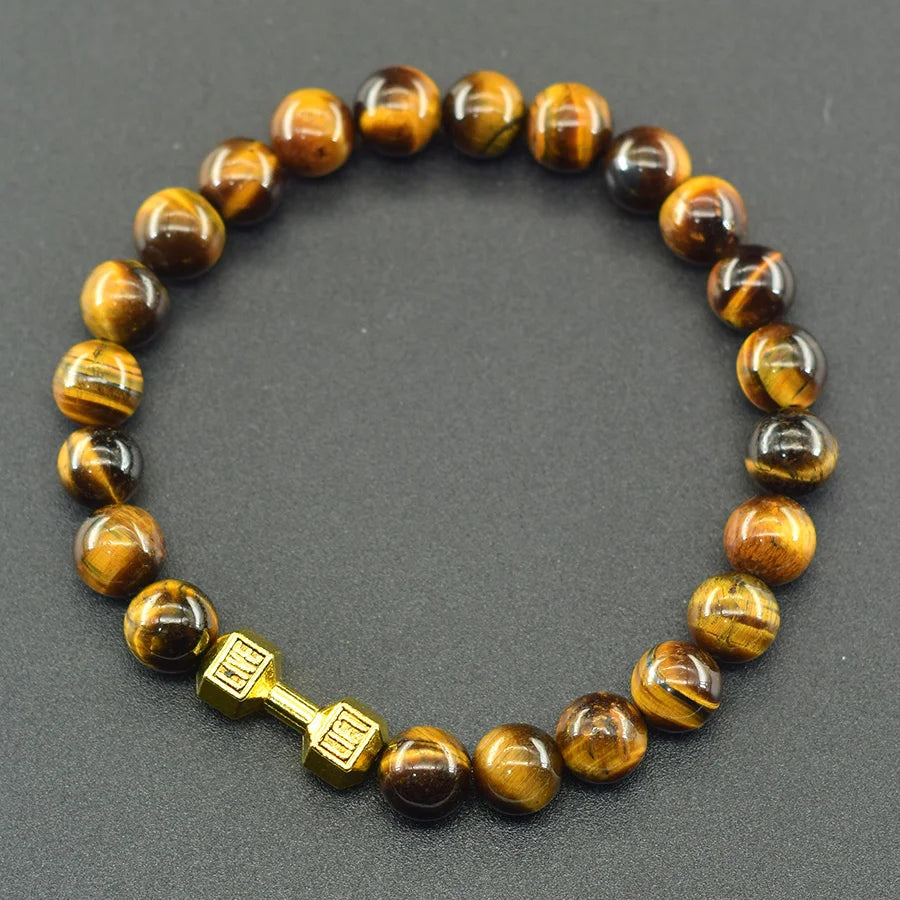 Natural Volcanic Stone Bracelet Men Matte Black Lava Obsidian Beads Charm Dumbbell Strand Bracelet Women Barbell Fitness Jewelry