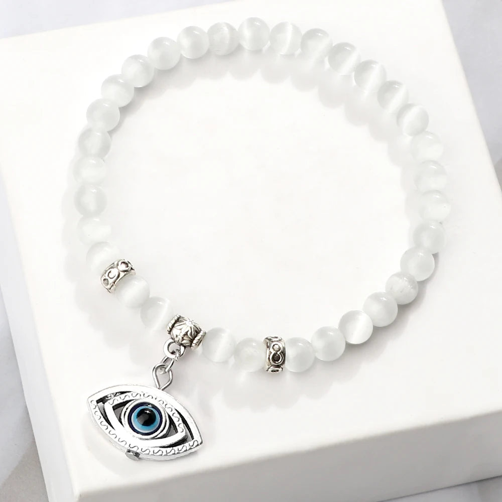 New Charm 6MM White Cat Eye Beaded Bracelet Turkish Evil Eye Butterfly Owl Turtle Pendant Bangles Chain Jewelry Gift for Friend