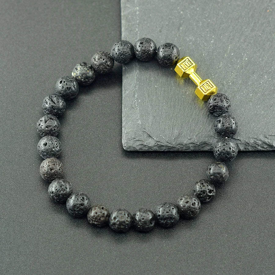 Natural Volcanic Stone Bracelet Men Matte Black Lava Obsidian Beads Charm Dumbbell Strand Bracelet Women Barbell Fitness Jewelry