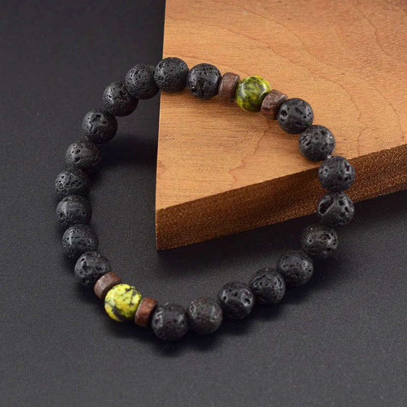 Yellow Grass Turquoises Natural Beads Bracelet Women Wooden Accessories Volcanic Lava Beads Elastic Rope Bangles Friendship Gift