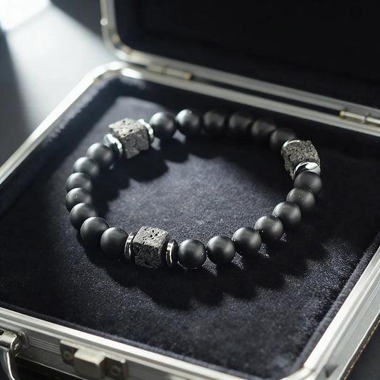 Natural Black Matte Obsidian Stone Beads Bracelet Men Women Cube Frosted Volcanic Handmade Jewelry Birthday Gift for Boyfriend
