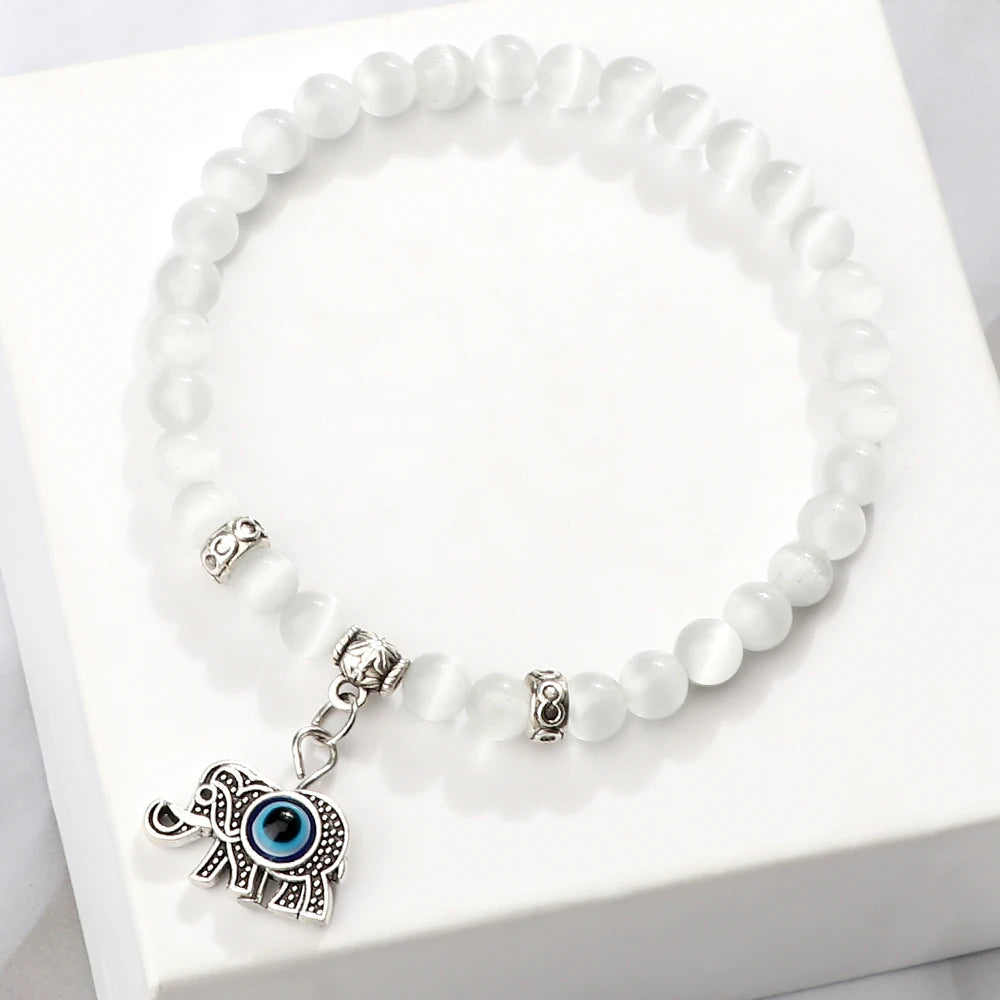 New Charm 6MM White Cat Eye Beaded Bracelet Turkish Evil Eye Butterfly Owl Turtle Pendant Bangles Chain Jewelry Gift for Friend