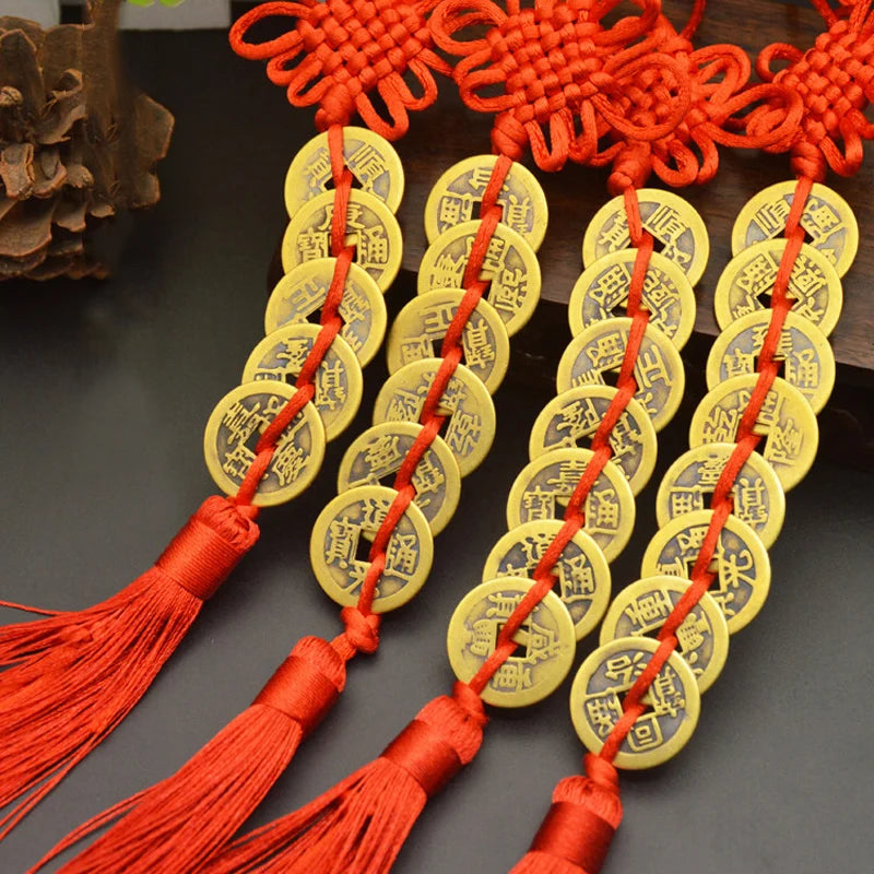 Red Yellow Chinese Knot Feng Shui Money Wealth Success Copper Ancien Coins Lucky Charm Home Decoration Ten emperors Antique Fortune