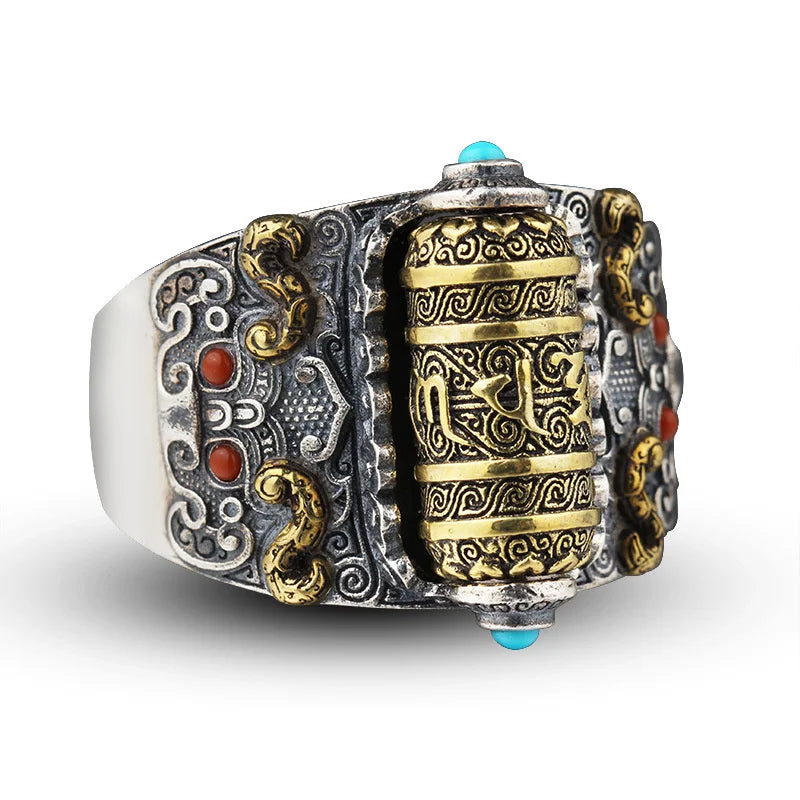 Retro Buddhist Scripture Ring Can Be Rotatable For Men Jewelry Personality Silver 925 Ring Adjustable Male Index Finger Bijou