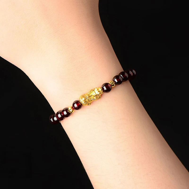 Feng Shui Obsidian Stone Beads Bracelet Men Women Wristband Gold Color Wealth and Good Luck Six Character Proverbs Bracelet