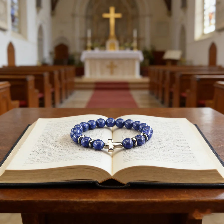 Prayer Cross Charm Natural Stone Beads Bracelet Men Women Rosary Hematite Cross Bracelet Onyx Meditation Bracelet Yoga Jewelry
