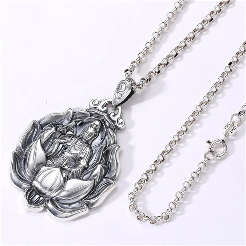 Retro Avalokitesvara Pendant Men Jewelry Maitreya Buddha Necklace Male Amulet Lotus Statue Necklaces Lady