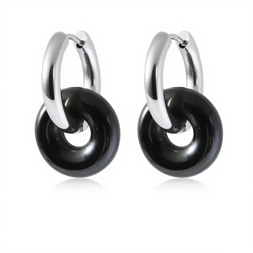 1pair Natural Stone Donut Shaped Stainless Steel Hoop Earrings Ladies Fashion Pink Crystal Agate Malachite Round Women Earrings