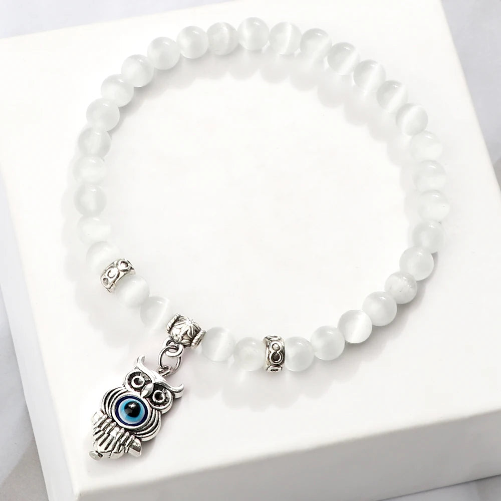 New Charm 6MM White Cat Eye Beaded Bracelet Turkish Evil Eye Butterfly Owl Turtle Pendant Bangles Chain Jewelry Gift for Friend