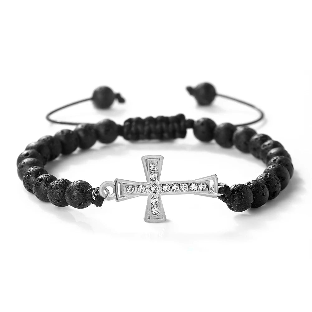 New Charm Jesus Cross Pendant Braided Bracelet 6mm Black Matte Malachite Couple Bracelet Women Men Healing Jewelry Gift