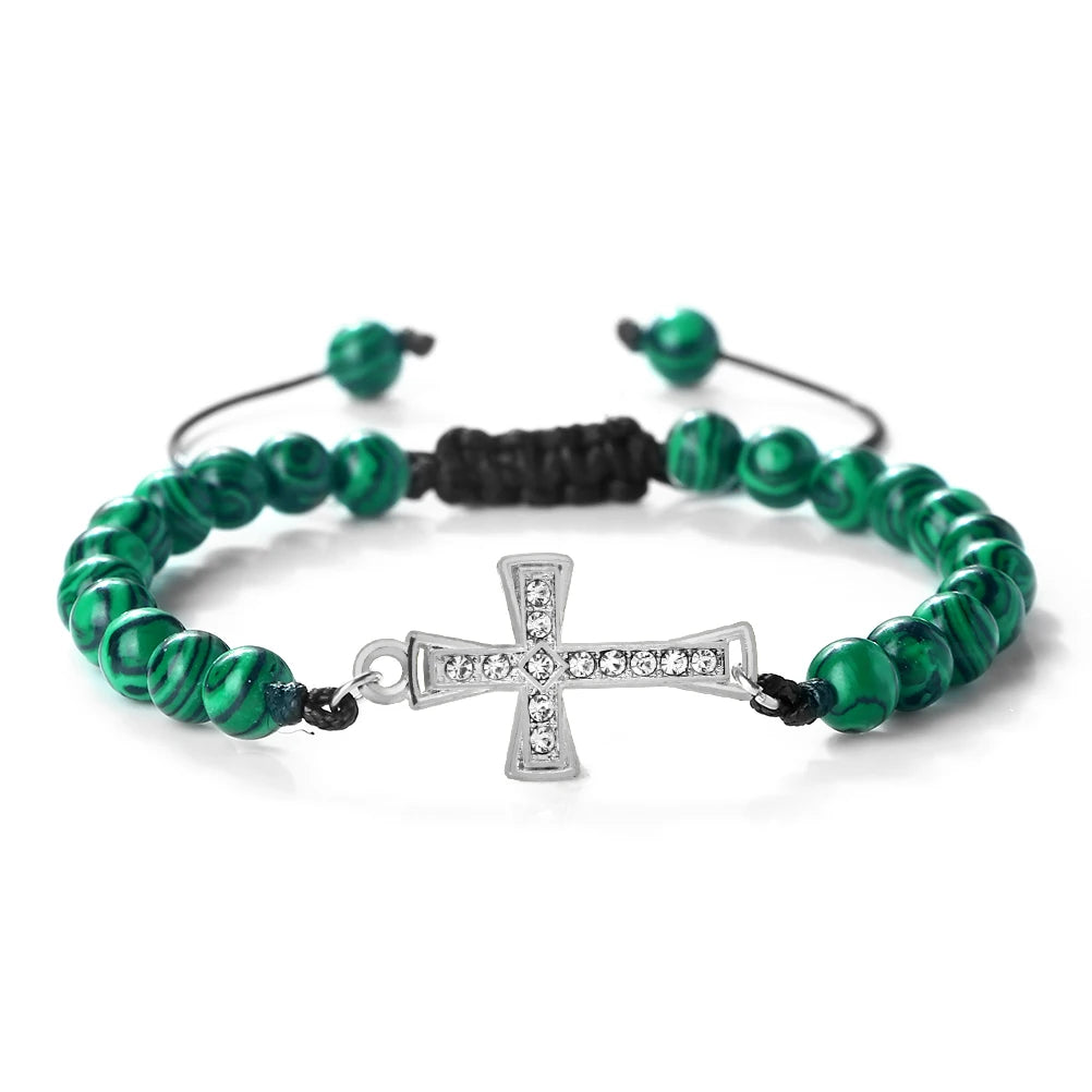New Charm Jesus Cross Pendant Braided Bracelet 6mm Black Matte Malachite Couple Bracelet Women Men Healing Jewelry Gift