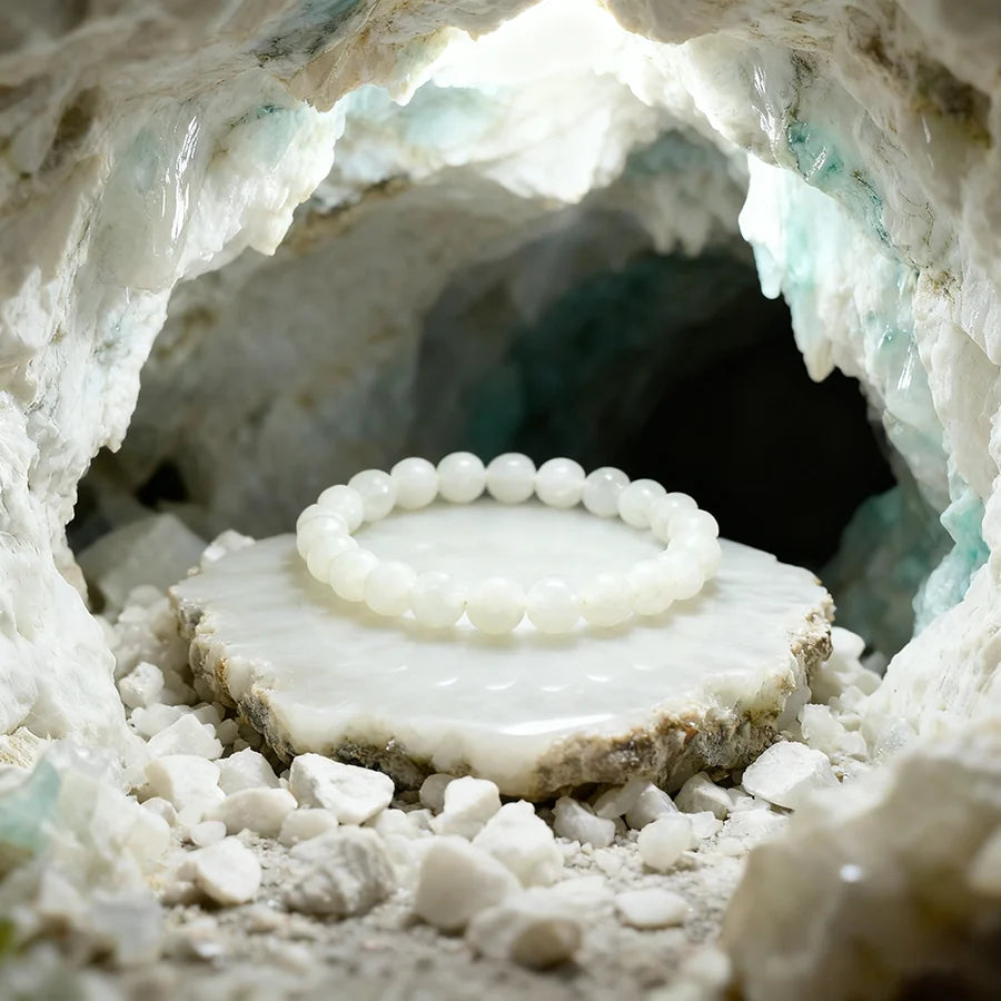 Handmade White Jade Bead Bracelet Premium Grade White Jade Stretch Bracelet Rare Pure Texture Calming Energy Jewelry Lover Gift