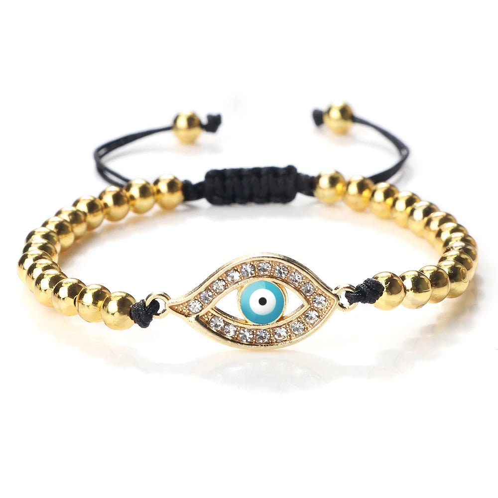 New Turkish Evil Eye Copper Beads Braided Bracelet Women Men Gold Color Healing Yoga Couple Bracelet&Bangles Chain Jewelry Gift