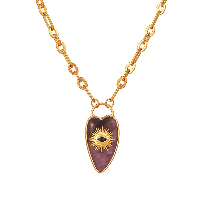 1pc Devil's Eye Heart Natural Stone Pendant Amethyst Pink Crystal Necklace for Women Jewelry Gift